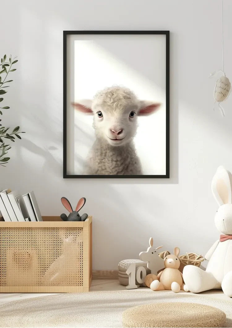 Cute Lamb Curly Wool Pink Ears White Portrait Minimalist Canvas Painting