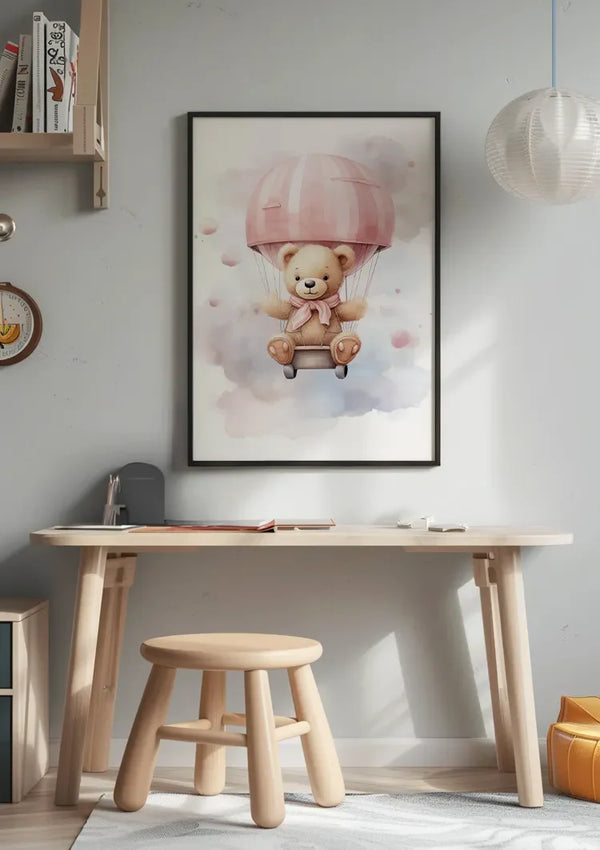Niedlicher Teddybär Rosa Heißluftballon Wolken Verträumtes Kinderzimmer Gemälde