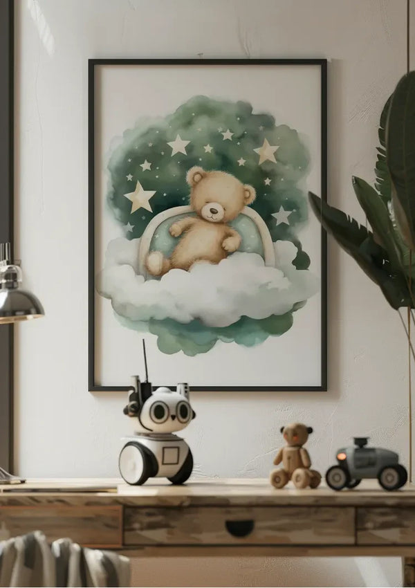 Schlafender Teddybär Wolke Sterne Aquarell Verträumtes Kinderzimmergemälde