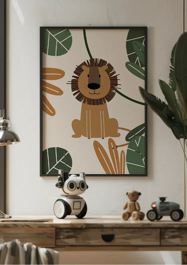 Niedliche Löwen-Illustration Tropische Blätter Dschungel Kinderzimmer-Gemälde