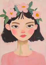 Mädchen mit Blumen in den Haaren Rosafarbener Hintergrund Porträt Leinwandbild