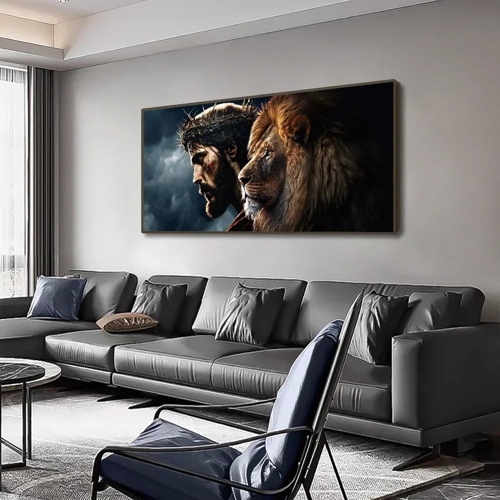 Portret van een man met een doornenkroon en een leeuw – Canvas wandkunst
