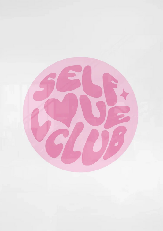Self love club canvas painting on the wall above the bed in the bedroom.