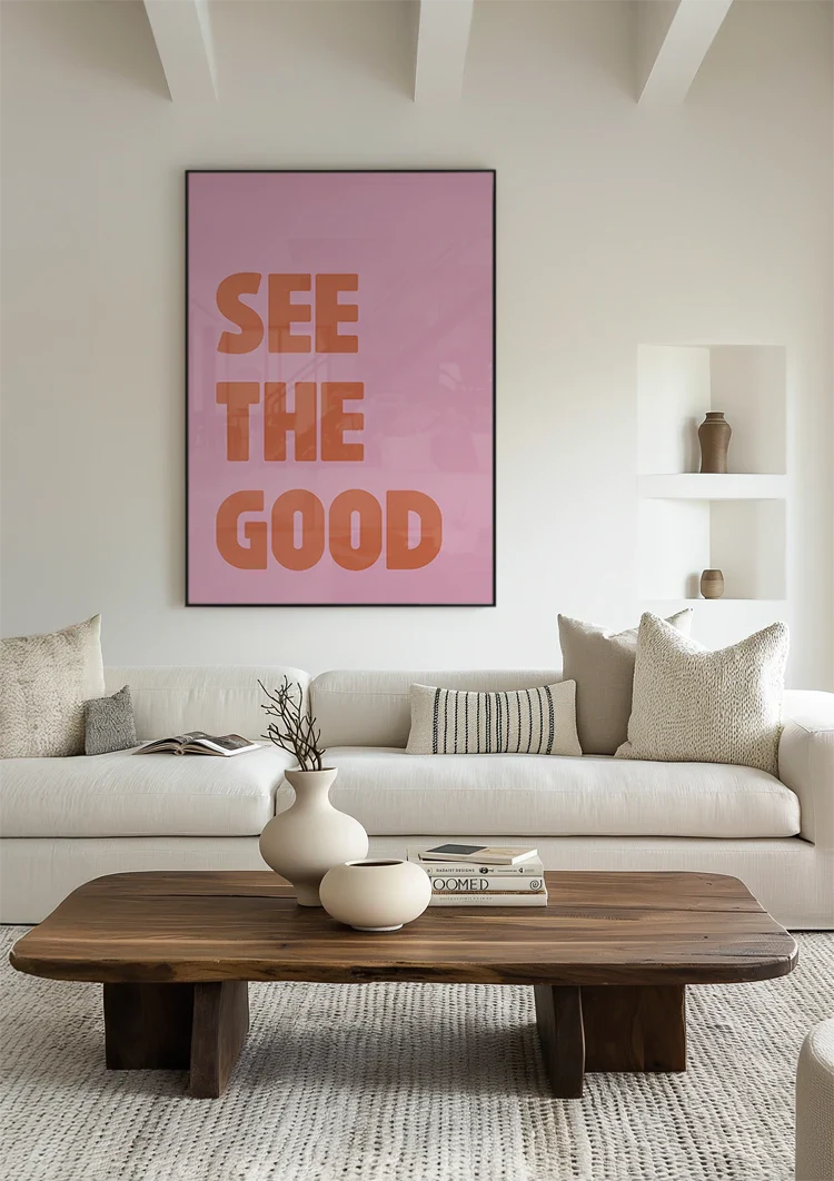 See The Good Oranje Tekst Roze Achtergrond Positief Typografie Pop Art Schilderij