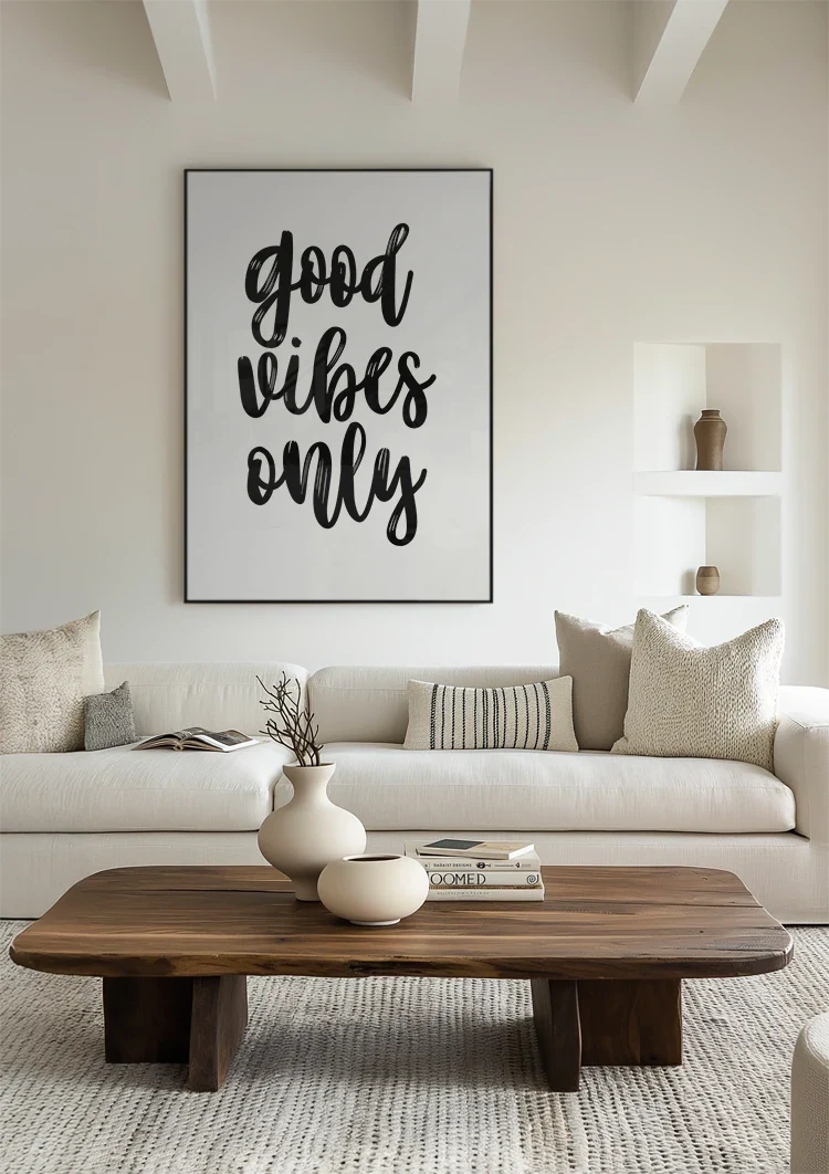 Good Vibes Only Schwarze Handschrift Weißer Hintergrund Positives Minimalistisches Gemälde