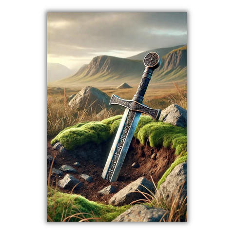 Ancient Sword in Mountain Landscape
