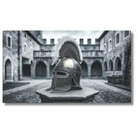 Zilveren helm tentoongesteld in historische binnenplaats - Canvas wandkunst