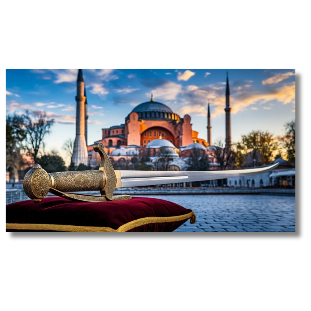 Historical Sword with Landmark Building at Sunset - Canvas Wall Art