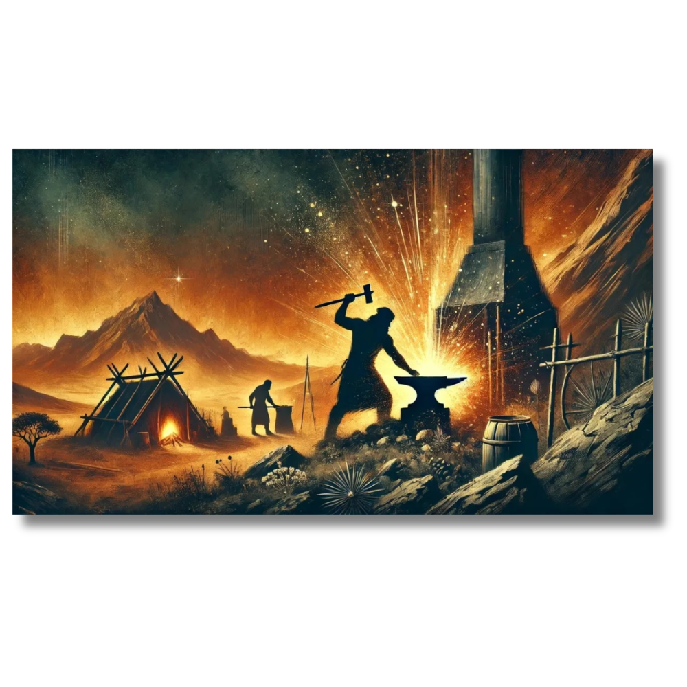 Blacksmith Working by Forge in Rustic Night Landscape – Canvas Wall Art