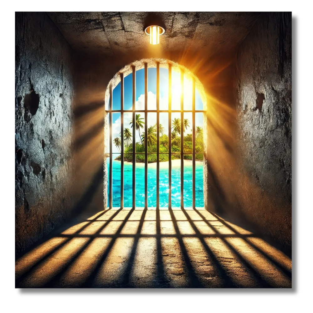 Tropical Island View Through Cell Window with Sunlight and Shadows - Canvas Wall Art