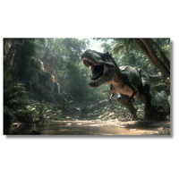 T-Rex brult in de jungle met zonlicht - Canvas wandkunst