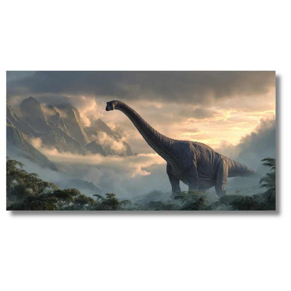 Brachiosaurus at Sunrise Canvas – Prehistoric Mountain Landscape Wall Art