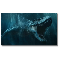 Onderwaterzeedinosaurus in de diepe oceaan met bubbels en beweging - Canvas wandkunst