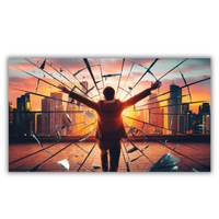 Stadsgezicht met brekend glas en silhouet van zonsondergang – Canvas wandkunst