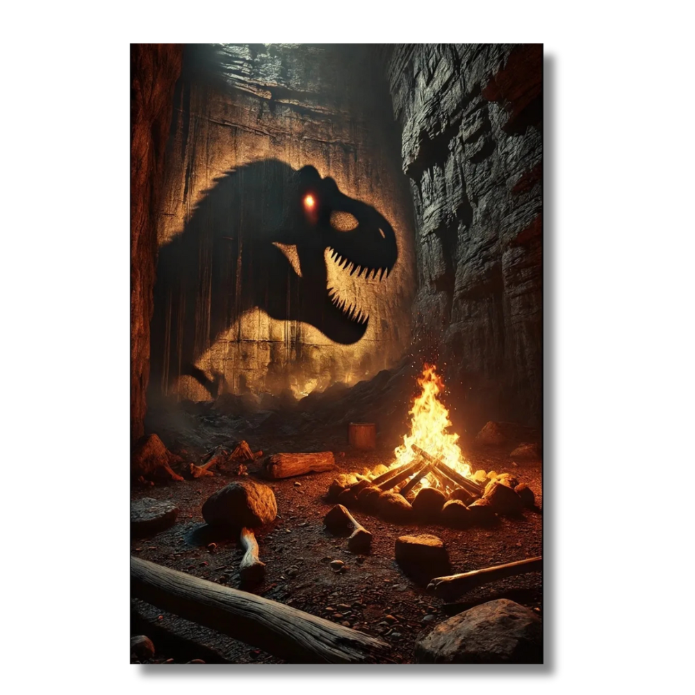 Dinosaur Shadow with Campfire in Rocky Cave – Canvas Wall Art