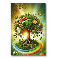 Kleurrijke fruitboom met wortels en vlinders - Canvas wandkunst