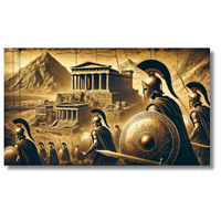 Oude Griekse krijgers met historische tempels op de achtergrond - Canvas wandkunst