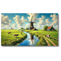 Hollands molenlandschap met groene velden en blauwe lucht – Canvas wandkunst