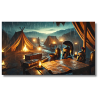 Oud Romeins militair kamp met tenten en harnassen in regenachtig landschap - Canvas wandkunst