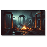 Oude Romeinse ruïnes met kampvuur in nachtscène - Canvas wandkunst