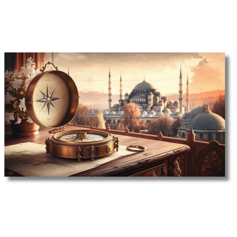 Antique Compass on Map with City View