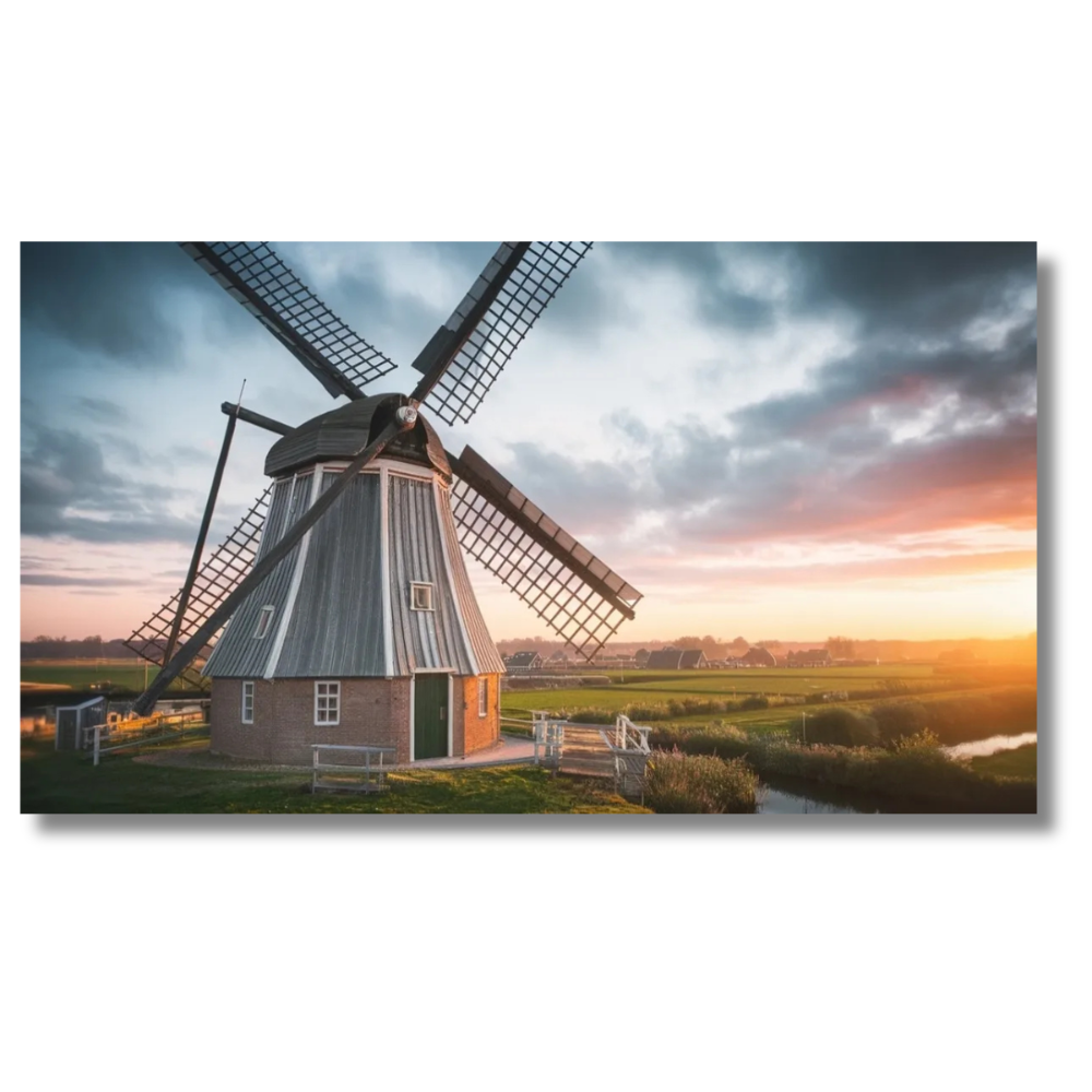 Traditional Windmill in Sunset Landscape Canvas Wall Art