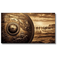 Decoratief schild met antieke strijdscène in sepiatinten canvas wanddecoratie