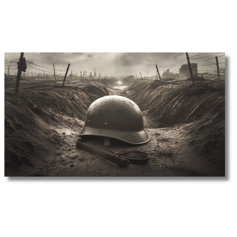 Trench Helmet Scene in Sepia Tones Canvas Wall Art