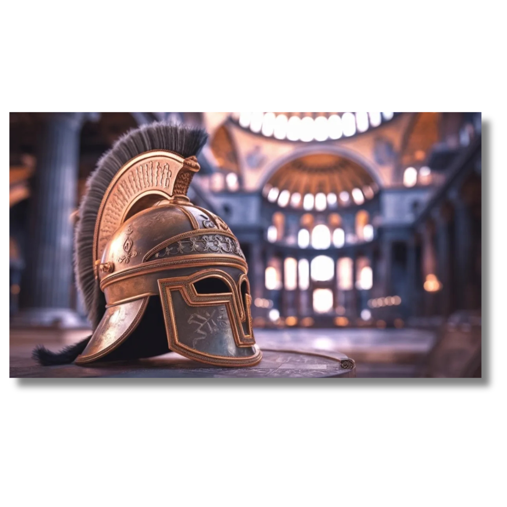 Golden Helmet Displayed in Sunlit Interior Setting - Canvas Wall Art