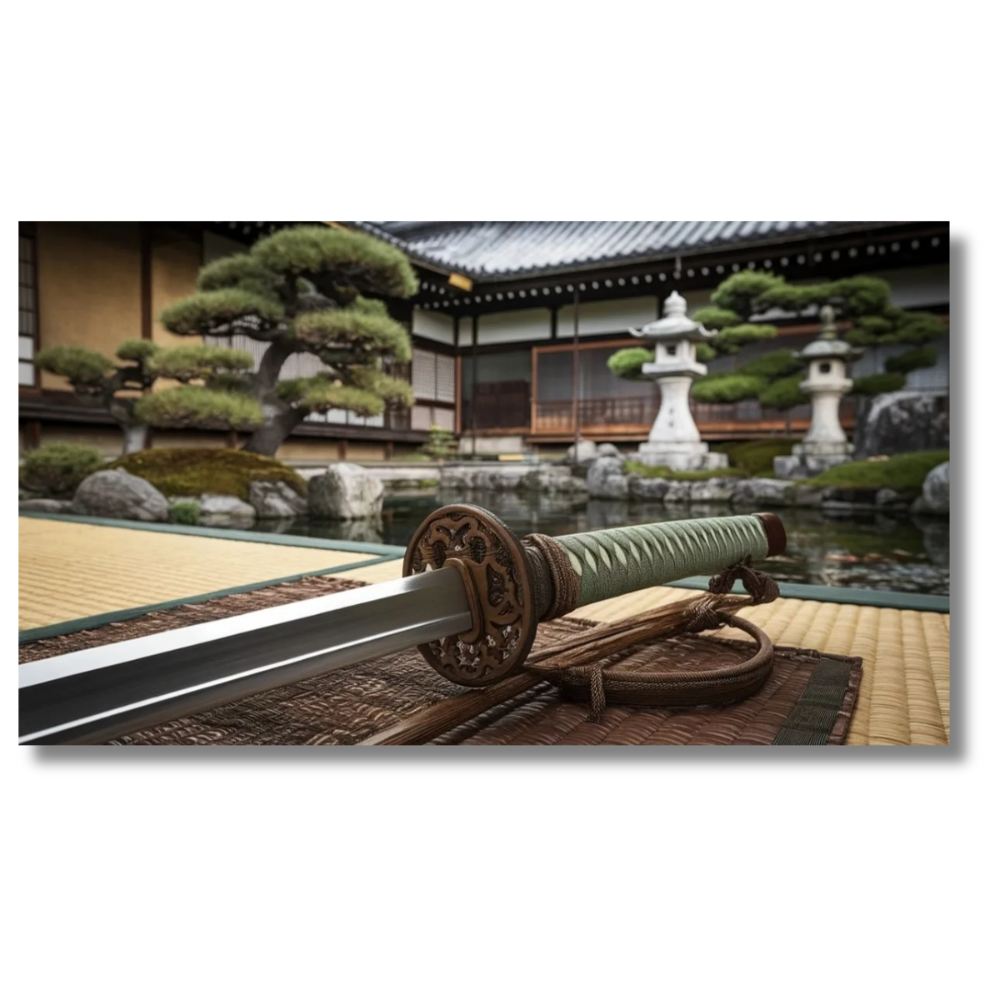 Japanese Garden with Katana on Tatami - Canvas Wall Art
