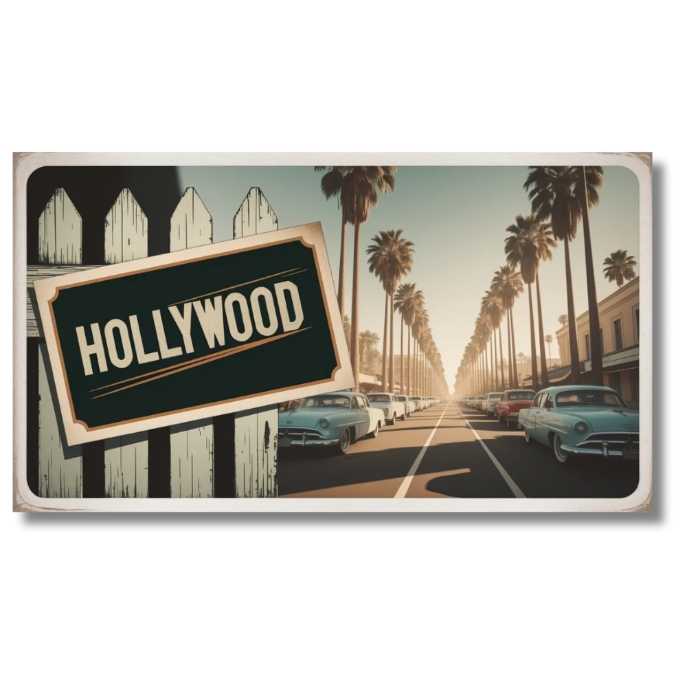 Vintage Hollywood Street View with Palm Trees – Canvas Wall Art