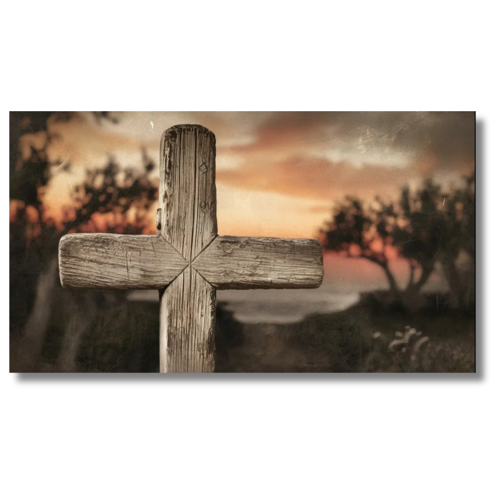 Leinwandbild mit Holzkreuz bei Sonnenuntergang – Friedliche Landschaftswanddekoration