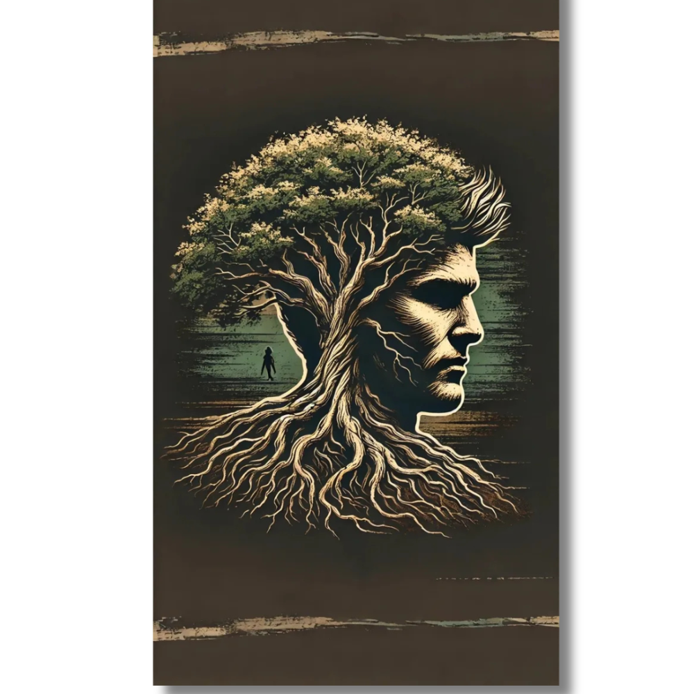 Tree-Head Fusion Illustration with Roots and Leaves – Canvas Wall Art