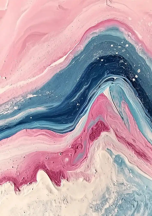 Abstracte golven canvas schilderij in roze, blauw en wit, in een vloeiende marmerlook.
