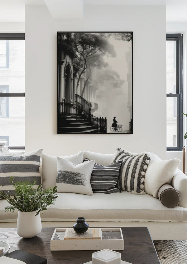 Woman on Bicycle at Church Atmospheric Black and White Painting