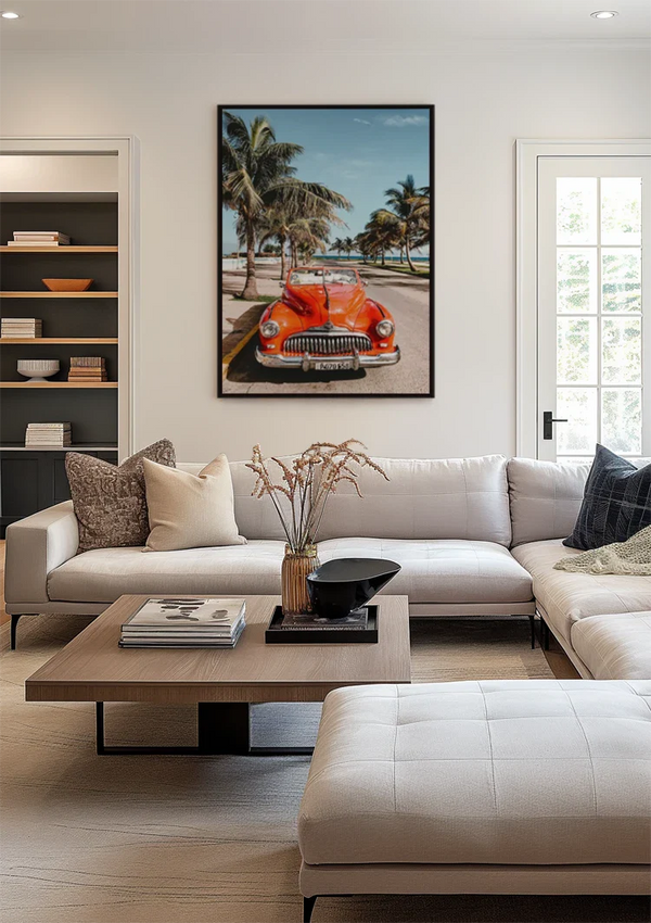 Rotes Vintage Auto bei Palmen Sommerliche Atmosphäre Gemälde