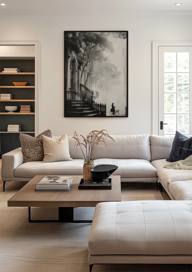 Woman on Bicycle by Church Black and White Misty Street Scene Painting