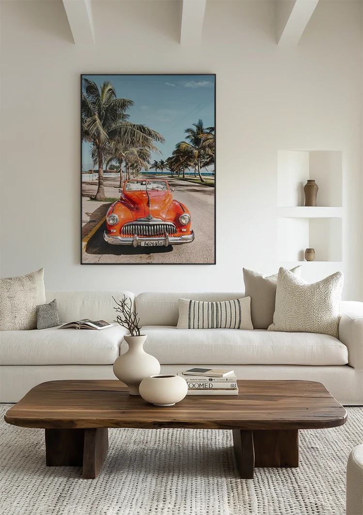 Rotes Vintage Auto bei Palmen Sommerliche Atmosphäre Gemälde