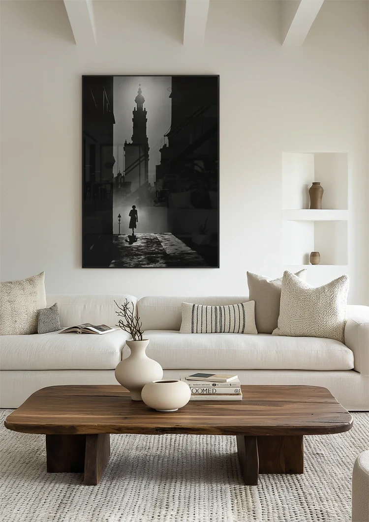 Silhouette in Gothic Alley by Church Tower Black and White Painting