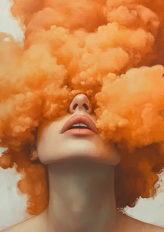 Frau in oranger Rauchwolke Leinwandbild in Orange und Braun, surrealistisches Porträt