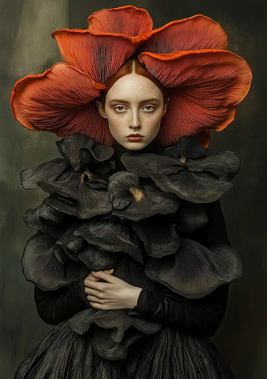Frau mit rotem Blumenhut Leinwandbild in Rot, Schwarz und Creme, surrealistisches Porträt