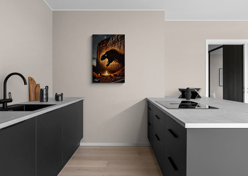 Canyon kampvuur scène met dinosaurus schaduwprojectie - Canvas wandkunst