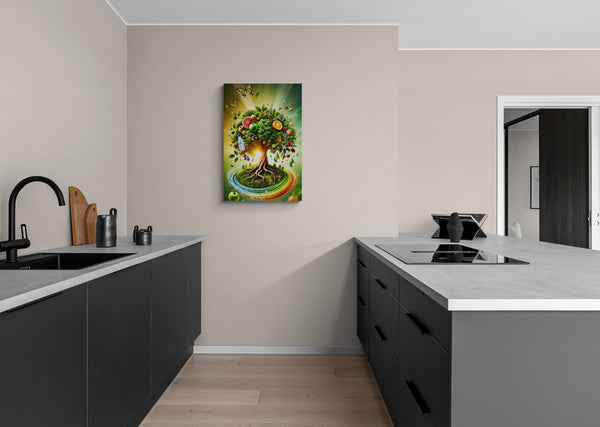 Farbenfroher Obstbaum mit Wurzeln und Schmetterlingen