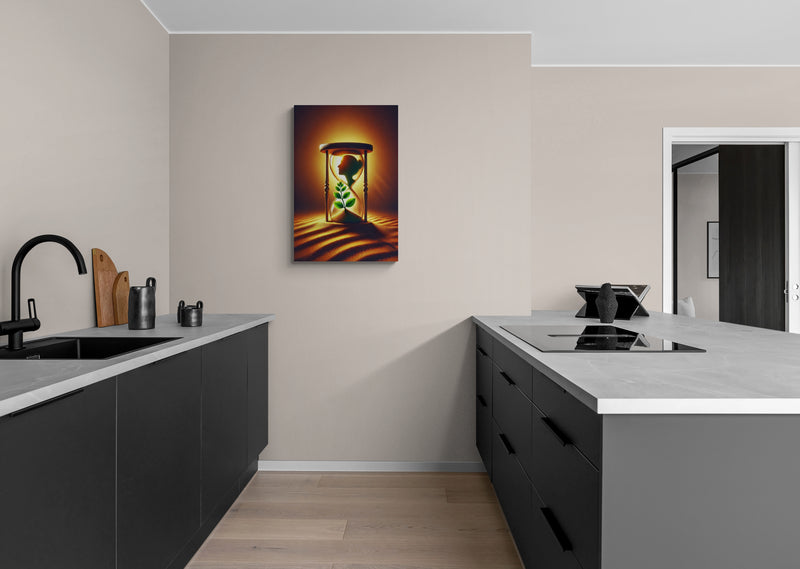Zandlopersilhouet met groen blad en zandlicht - Canvas wandkunst