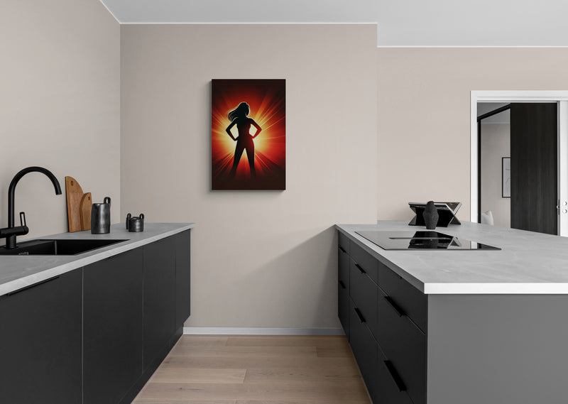 Silhouet van een vrouw in stralend rood licht - Canvas wandkunst