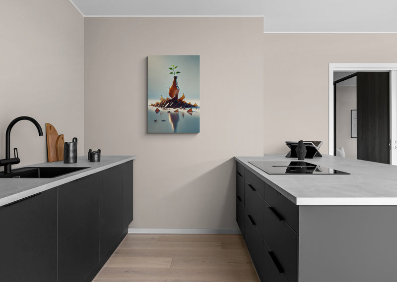 Zerbrochene Glasflasche mit Wachsender Pflanze Leinwand – Minimalistische Wanddekoration