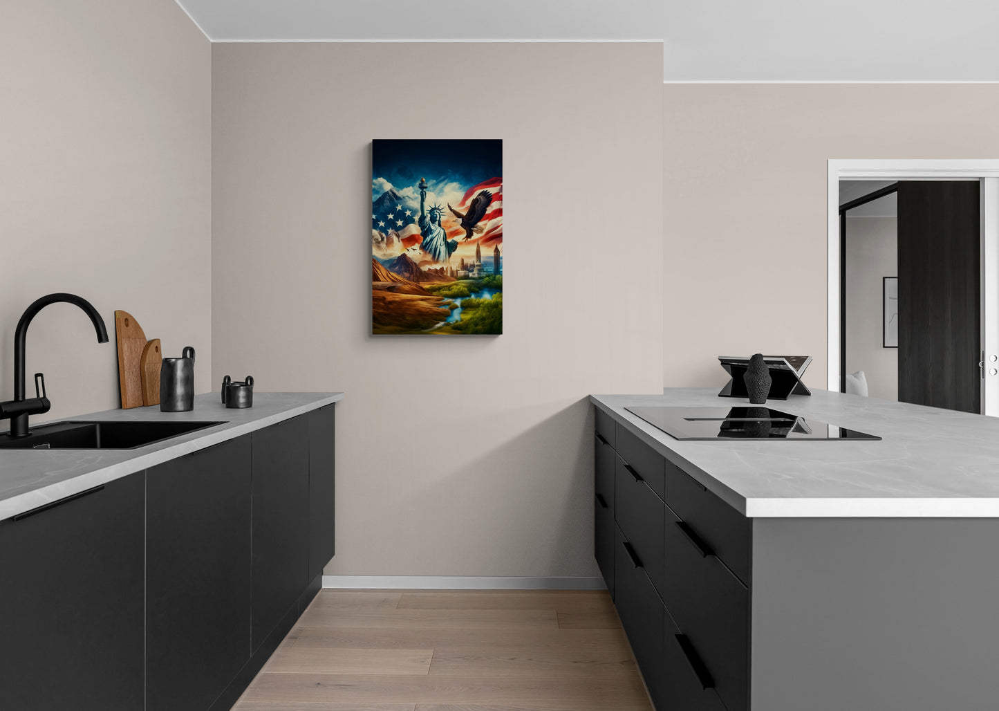 Schilderachtig stadsgezicht met monumentaal standbeeld en kleurrijke lucht - Canvas wandkunst