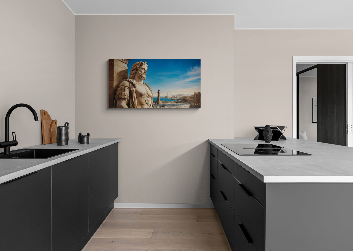 Marmeren standbeeld met uitzicht op kuststad met blauwe lucht - Canvas wandkunst