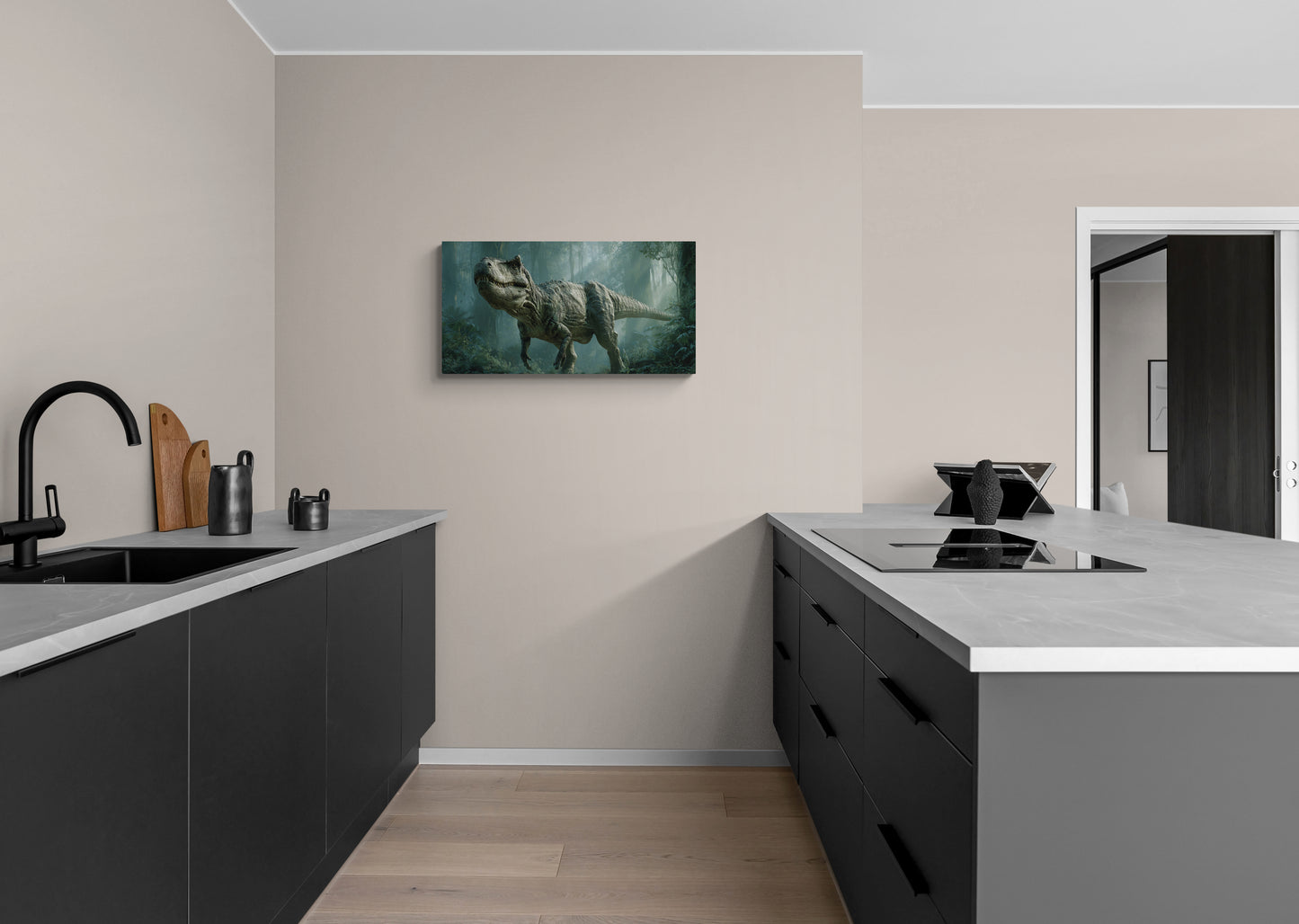 T-Rex loopt door dichte groene jungle in realistische daglichtscène - Canvas wanddecoratie