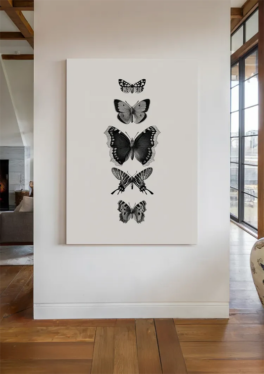 Vijf Verschillende Vlinders Verticaal Rij Zwart Wit Botanisch Natuur Canvas Schilderij